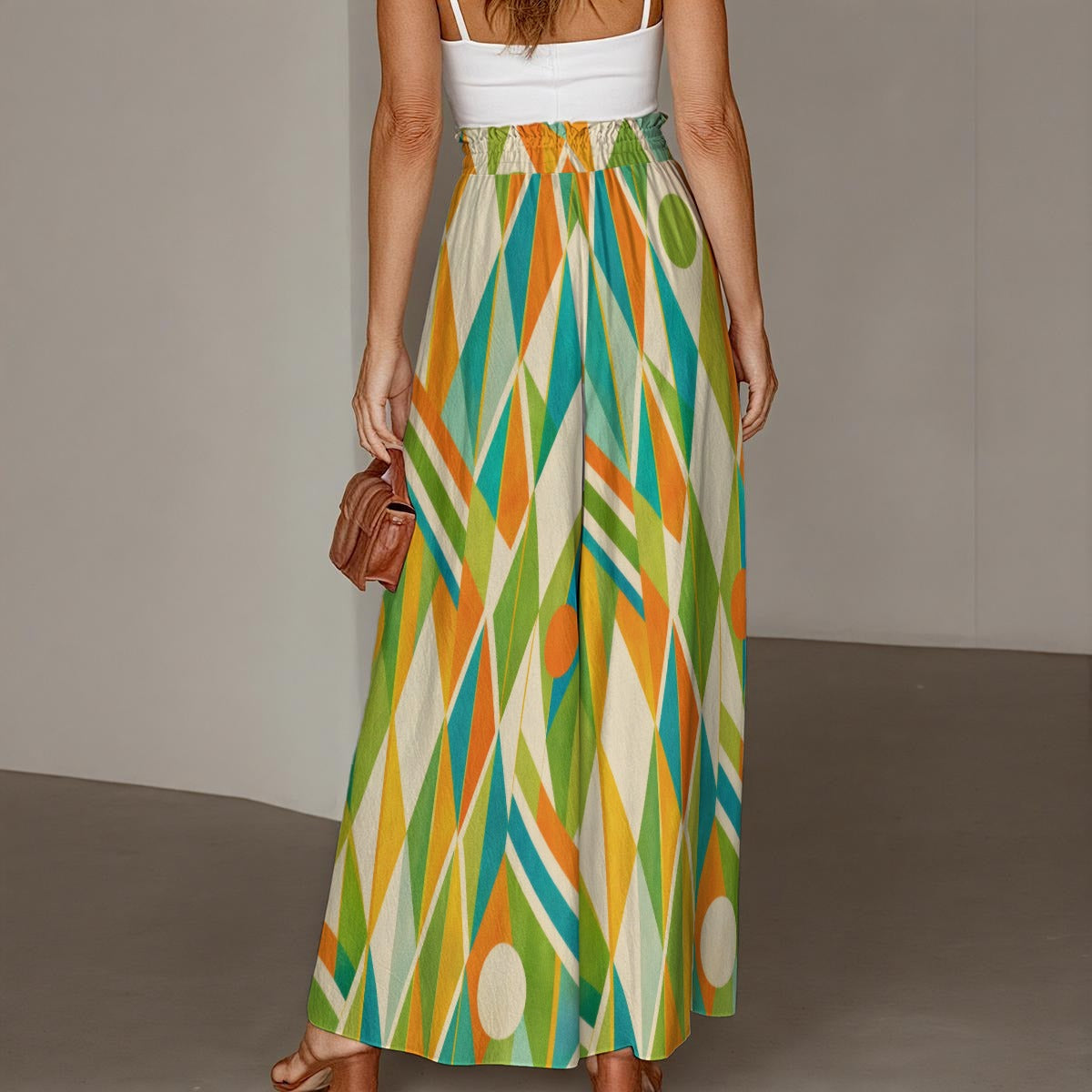 60s Geometric Argyle Wide-Leg Pants All-Over Print Women's Ruffled Wide-Leg Pants