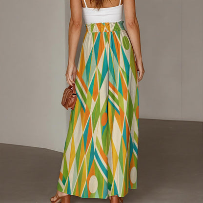 60s Geometric Argyle Wide-Leg Pants All-Over Print Women's Ruffled Wide-Leg Pants