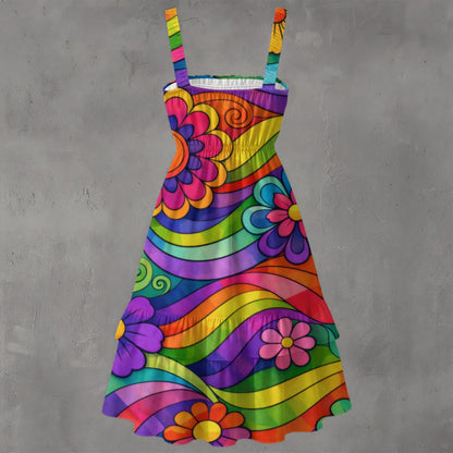 Psychedelic Rainbow Wave Women's Ruffle Hem Dress | 70s Groovy Flower Power Print