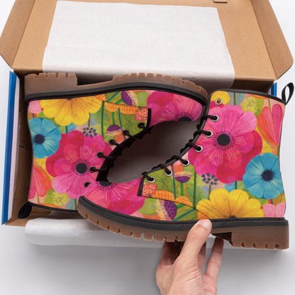 Watercolor Gerbera Daisy Men's Martin Short Boots | Pink Yellow Blue Floral Print