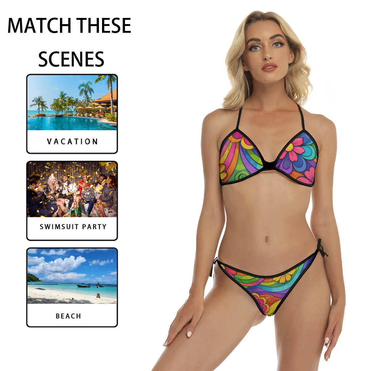 60s Groovy Swirl & Flowers Triangle Bikini Set — Psychedelic Rainbow Print