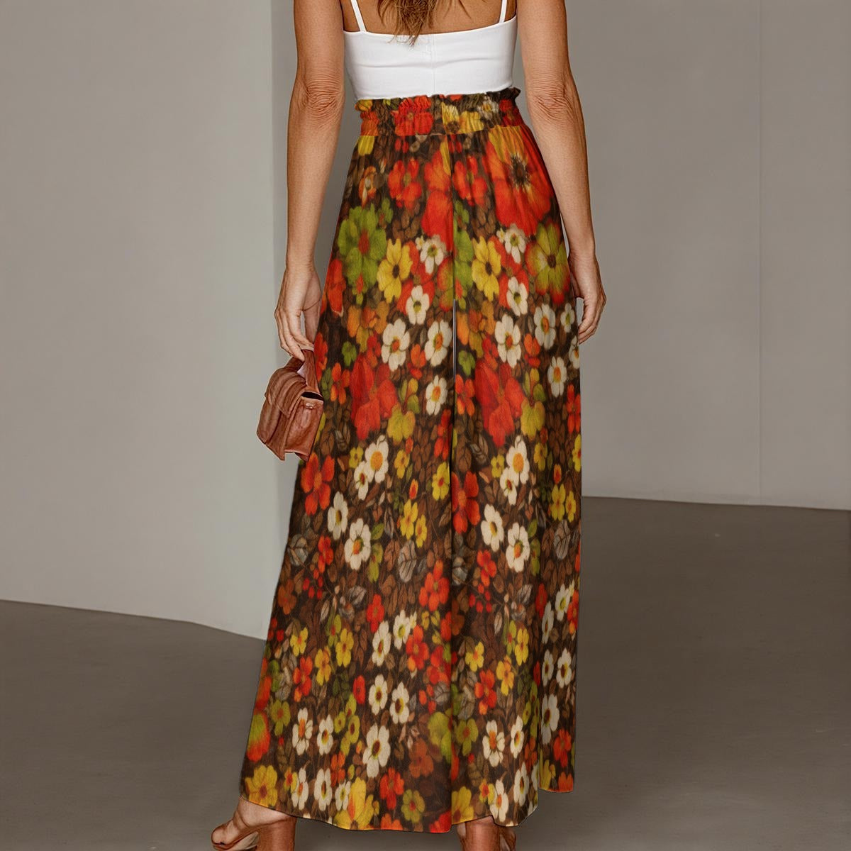 Retro 1960s Autumn Flower Print Palazzo Pants All-Over Print Women's Ruffled Wide-Leg Pants