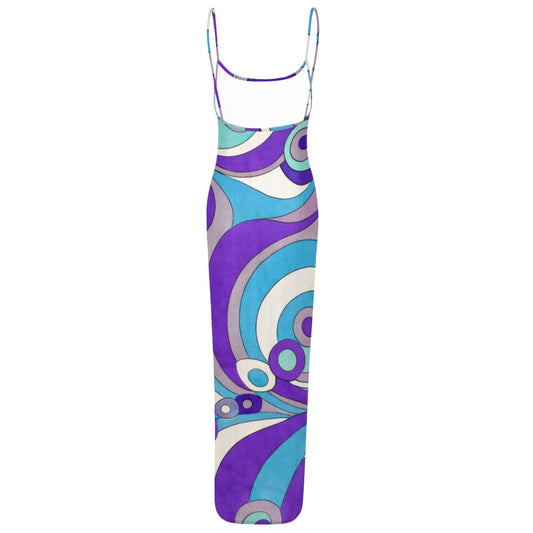 60s Psychedelic Op Art Sheer Mesh Backless Maxi Dress — Spaghetti Strap
