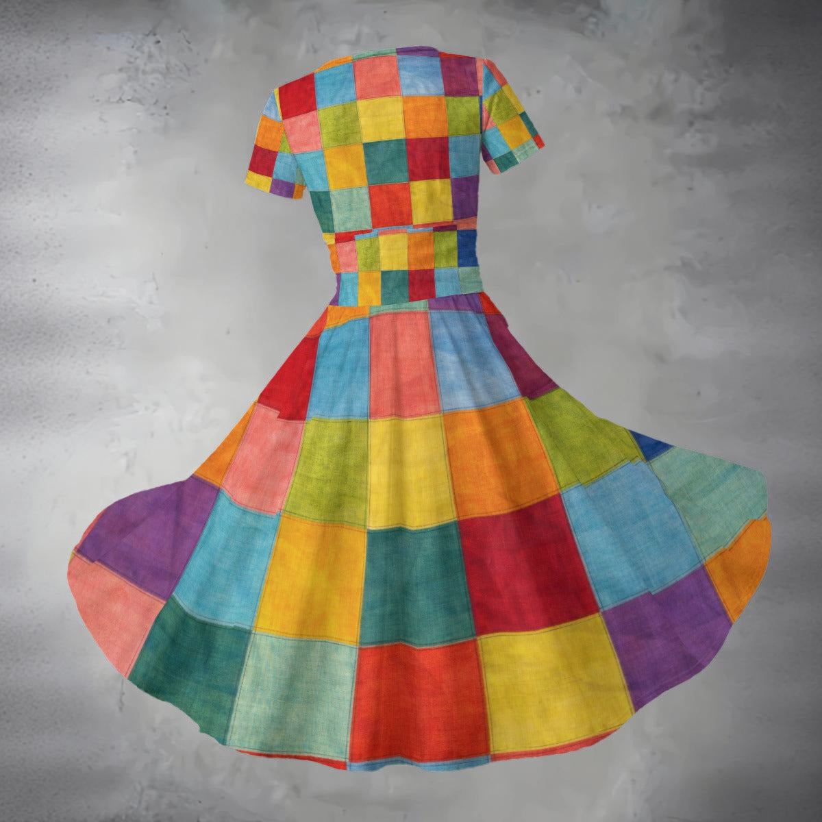 Colorful checkered dress on a gray background
