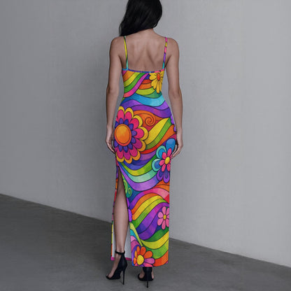 Retro Wave Swirl Women's Long Dress with Slit | 60s Mod Purple Turquoise Geometric Bodycon Maxi II