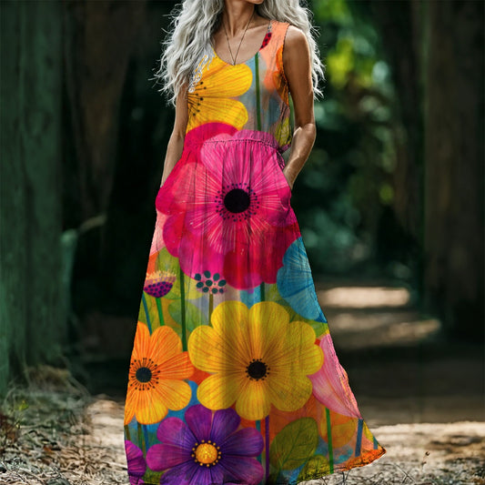 Bold Painted Gerbera Women's Sleeveless Maxi Dress | Colorful Floral Art Print