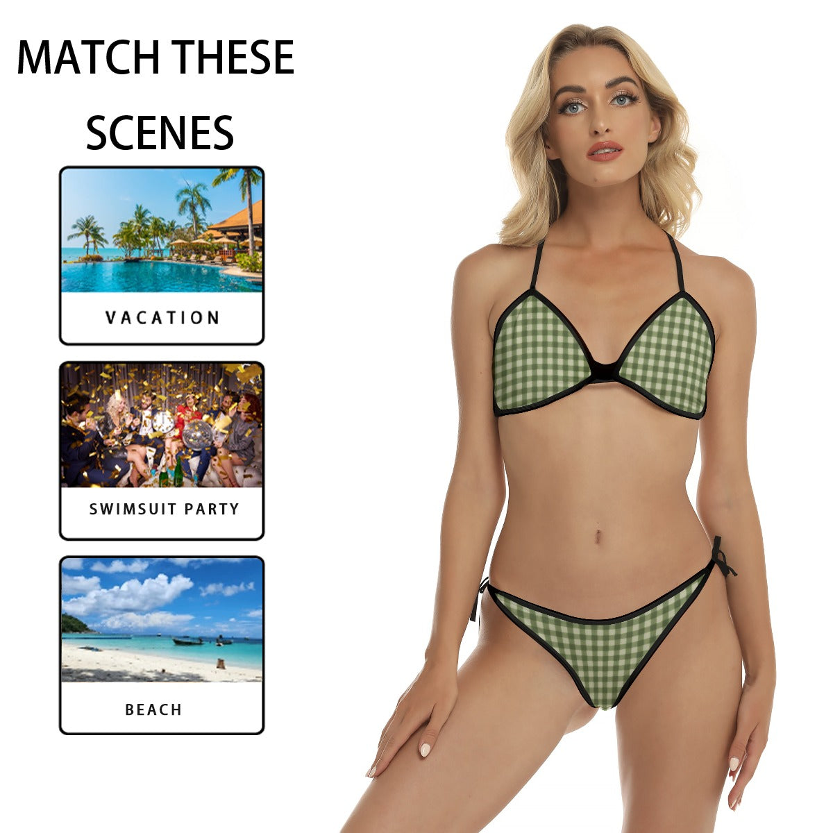 60s Sage Green Gingham Triangle Bikini Set — Halter Top & Tie Side Bottom