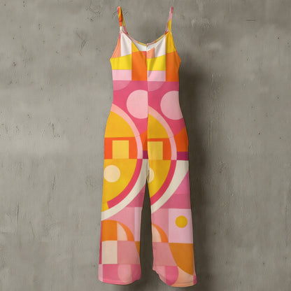 60s Geometric Abstract Wide-Leg Jumpsuit — Pink Orange Retro Spaghetti Strap