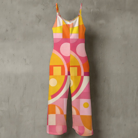 60s Geometric Abstract Wide-Leg Jumpsuit — Pink Orange Retro Spaghetti Strap
