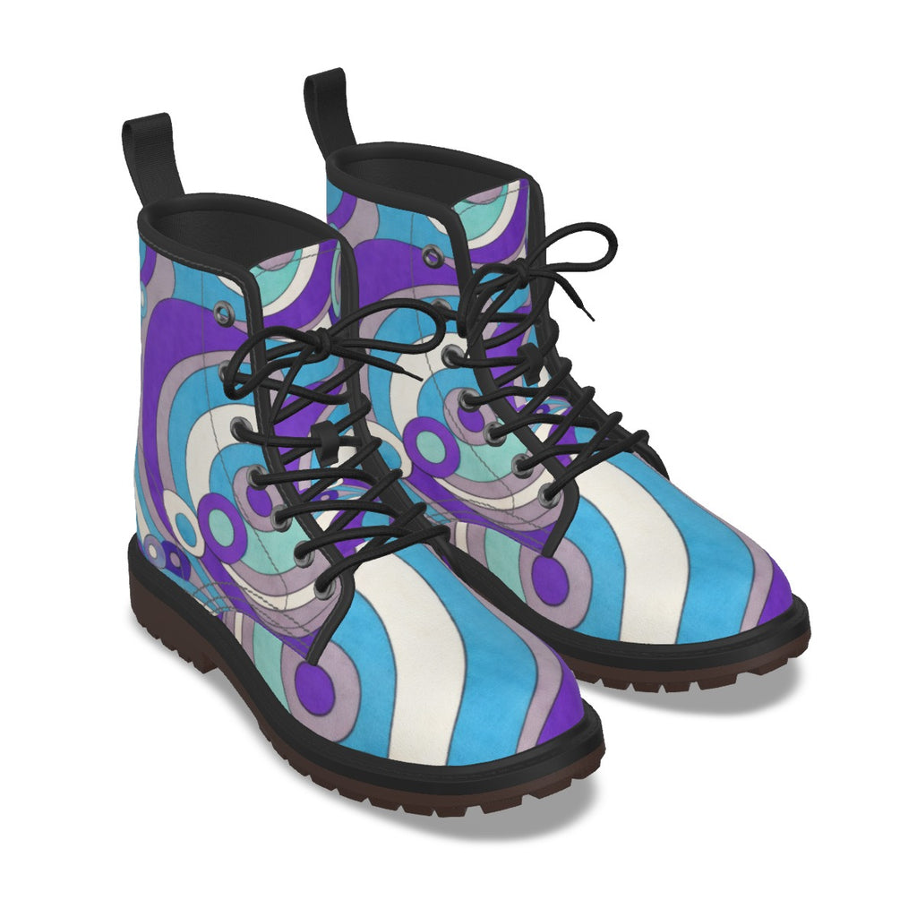 A pair of lace-up ankle boots with a vibrant psychedelic swirl pattern in purple, light blue, teal, and white, featuring black laces and black soles, shown on a white background.