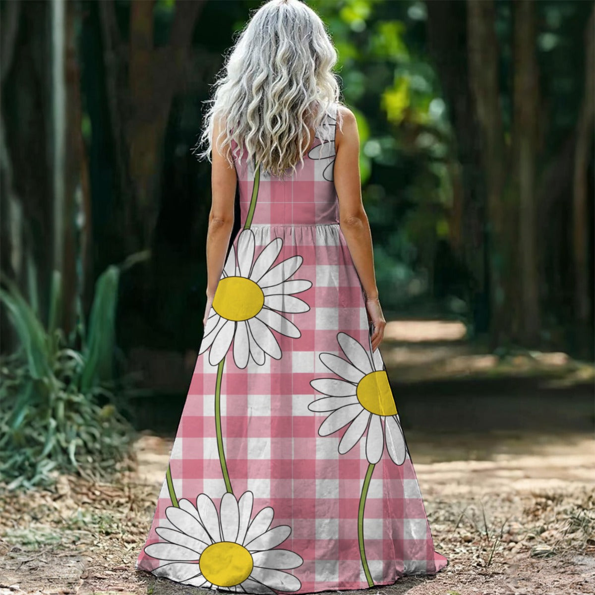 Pink Gingham Daisy Maxi Dress — Cottagecore White Flower Print