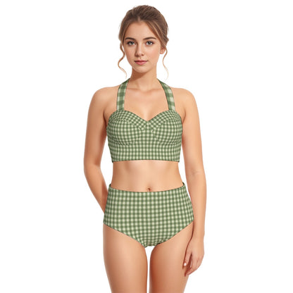 60s Sage Green Gingham High-Waist Halter Bikini Set — Retro Pin-Up Swimwear