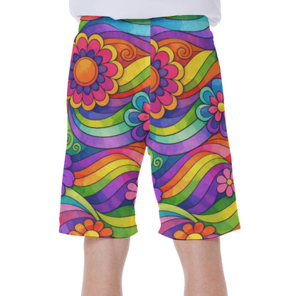 70s Rainbow Flower Power Men's Beach Shorts | All-Over Print With Lining