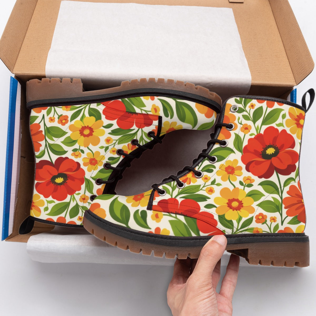 Retro Garden Floral Men's Martin Short Boots | 60s Orange Red Flower Print
