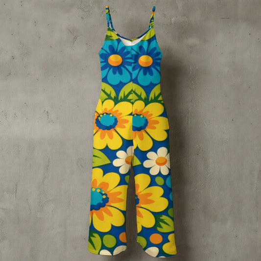 60s Flower Power Daisy Wide-Leg Jumpsuit — Bold Blue Yellow Floral Spaghetti Strap
