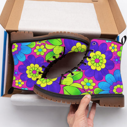 Bold Pop Art Floral Men's Martin Short Boots | 60s Mod Pink Purple Blue Print