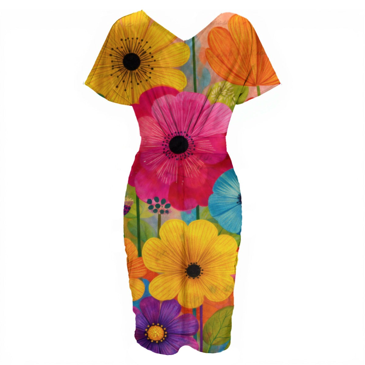 Vibrant Botanical Floral V-Neck Pleated Midi Dress | All-Over Print