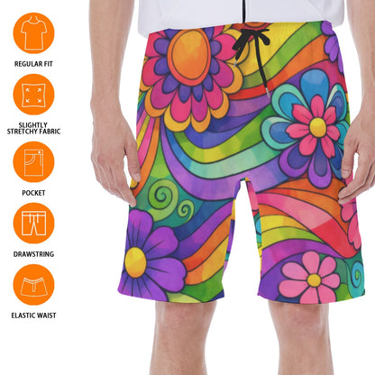 70s Rainbow Flower Power Men's Beach Shorts | All-Over Print With Lining