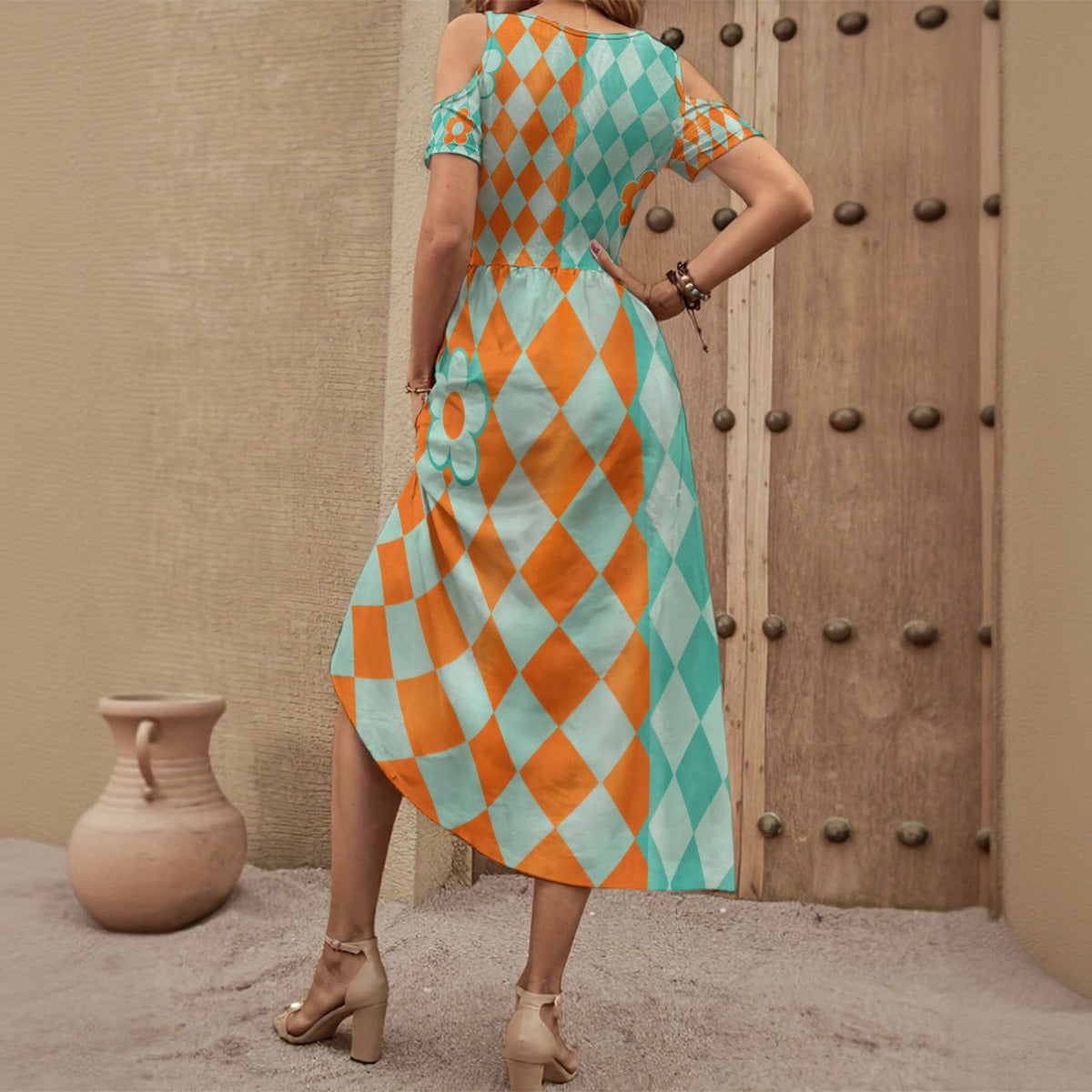 Groovy 60s Retro Harlequin Mod Print Dress All-Over Print Women's V-neck Off-shoulder Dress