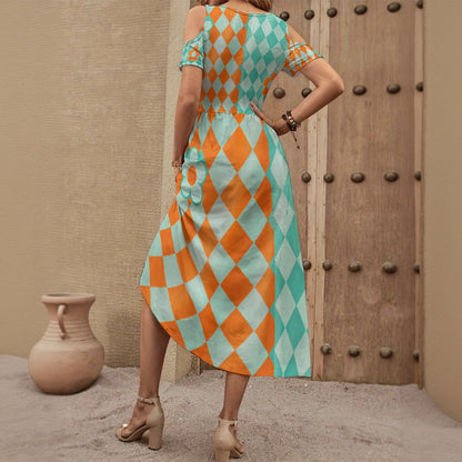 Groovy 60s Retro Harlequin Mod Print Dress All-Over Print Women's V-neck Off-shoulder Dress