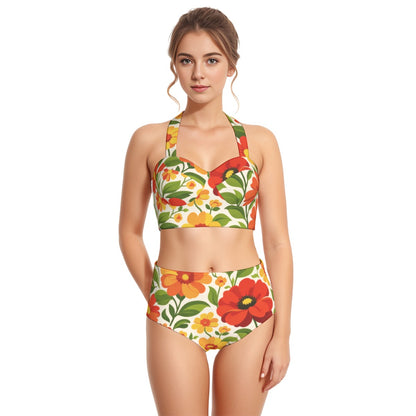 60s Retro Garden Poppy High-Waist Halter Bikini Set — Red & Orange Floral Pin-Up