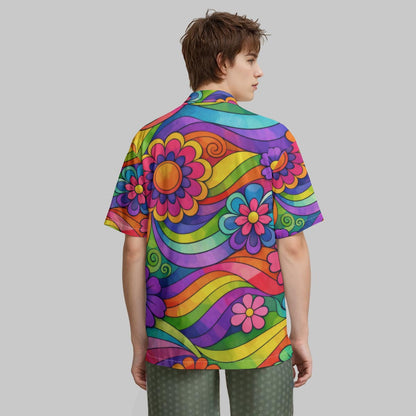 70s Rainbow Flower Power Hawaiian Shirt | All-Over Print With Pocket