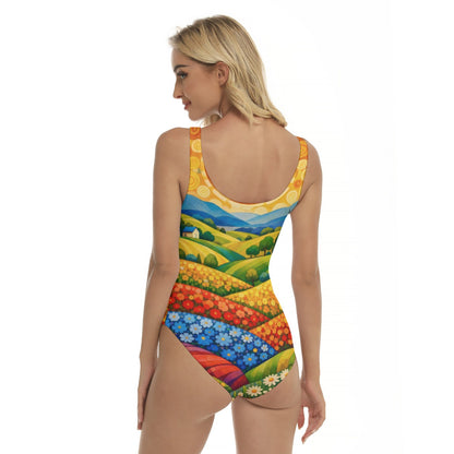 60s Countryside Pop Art Women's One-Piece Swimsuit — Rolling Hills Print