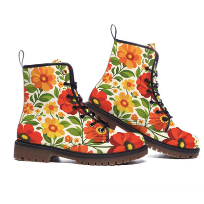Retro Garden Floral Men's Martin Short Boots | 60s Orange Red Flower Print