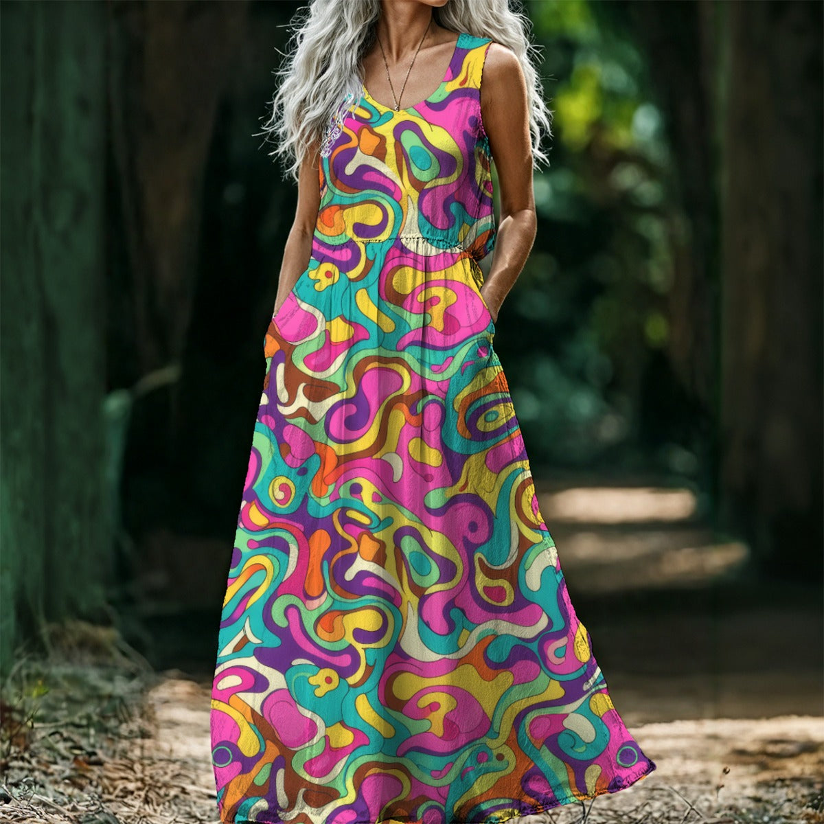Psychedelic Abstract Swirl Maxi Dress — Pink Purple Teal 70s Print