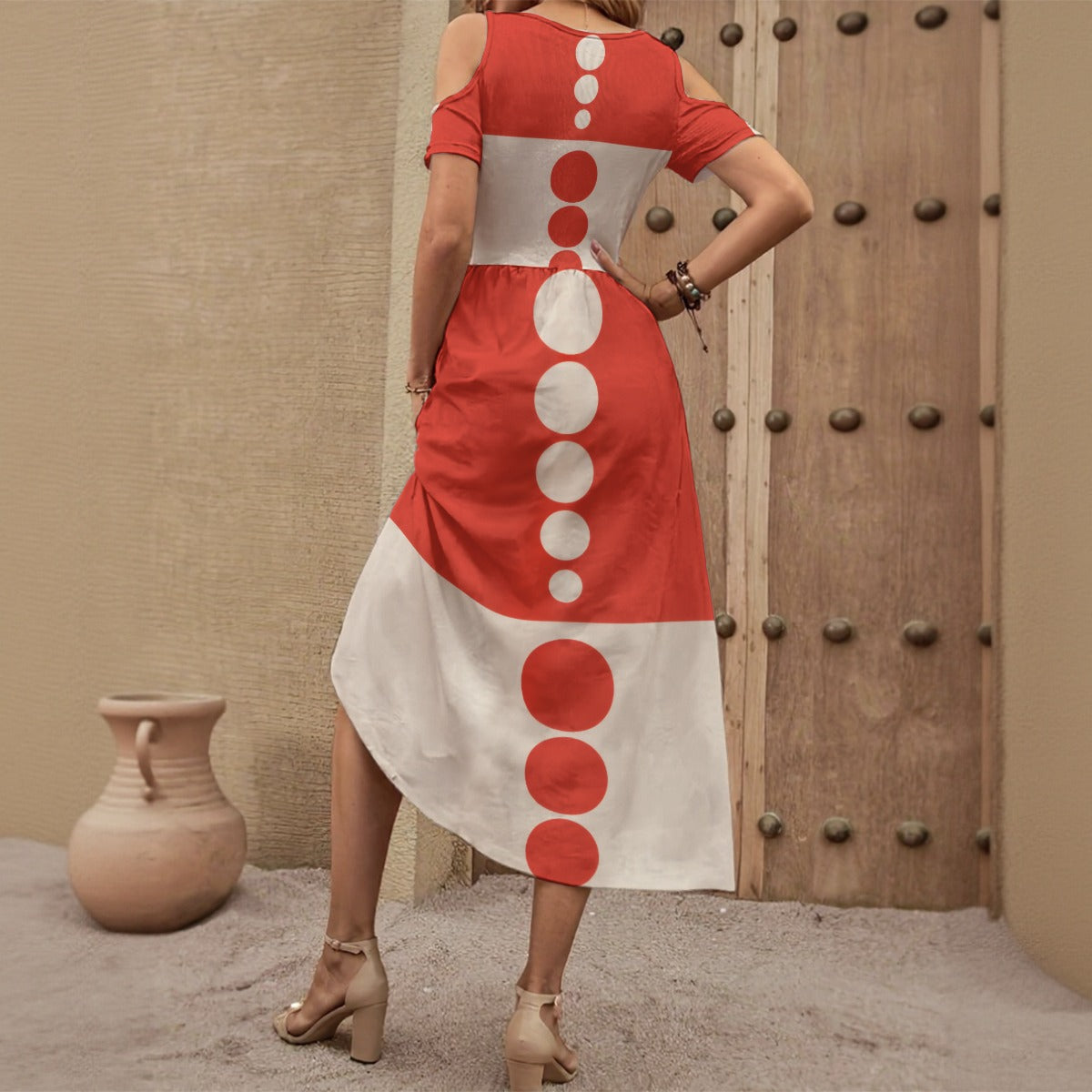 Groovy 1960s Retro Off-Shoulder Maxi Dress All-Over Print Women's V-neck Off-shoulder Dress
