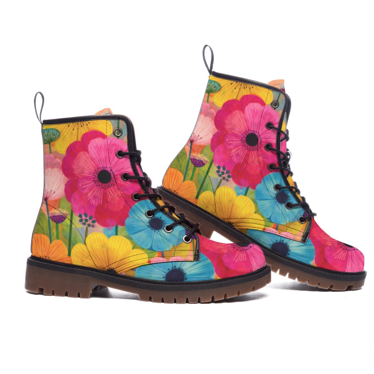 Watercolor Gerbera Daisy Men's Martin Short Boots | Pink Yellow Blue Floral Print