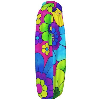Bold Pop Art Floral Unisex Lantern Pants | 60s Mod Pink Purple Blue Print