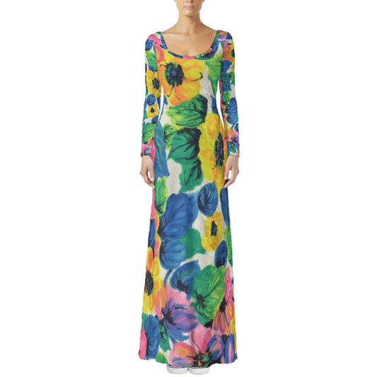 Bold Floral Maxi Dress — Colorful Sunflower Print Long Sleeve