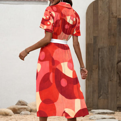 60s Mod Abstract Circles Shirt Dress with Waist Tie — Button Front Maxi