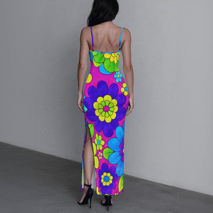 Giant Pop Art Flowers Women's Long Dress with Slit | Bold Neon Purple Pink Green Bodycon Maxi