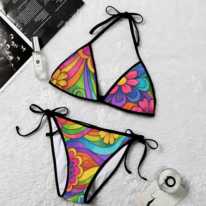 60s Groovy Swirl & Flowers Triangle Bikini Set — Psychedelic Rainbow Print