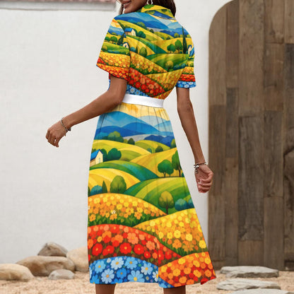 60s Pop Art Countryside Shirt Dress with Waist Tie — Button Front Maxi