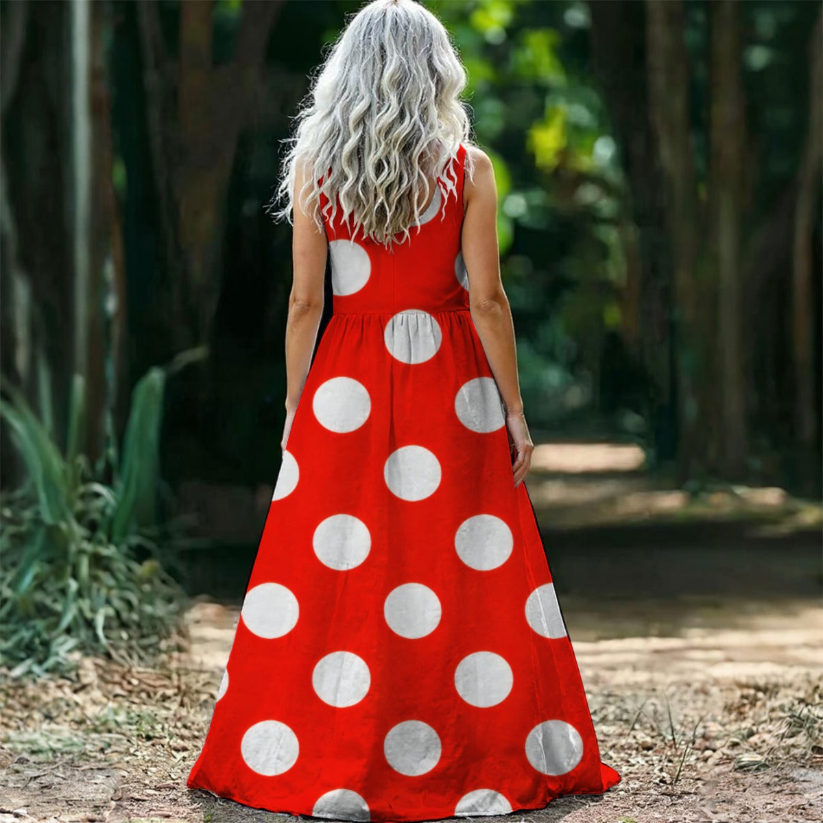 Red Polka Dot Maxi Dress — Bold White Dots Retro Sleeveless