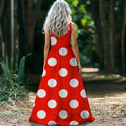 Red Polka Dot Maxi Dress — Bold White Dots Retro Sleeveless