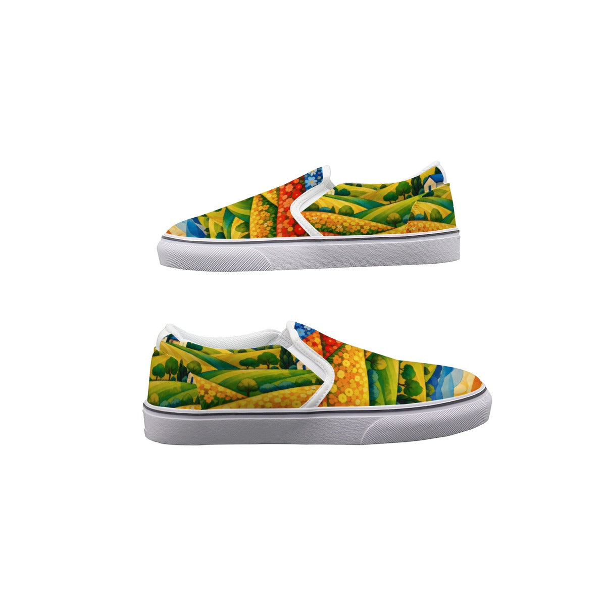 Folk Art Sunny Landscape Men's Slip On Sneakers | All-Over Print