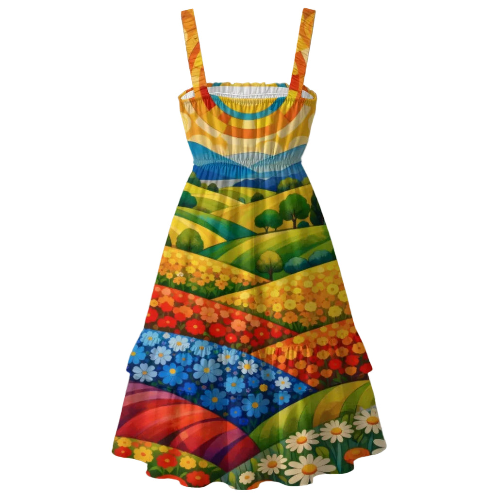 Colorful dress with a landscape pattern on a gray background