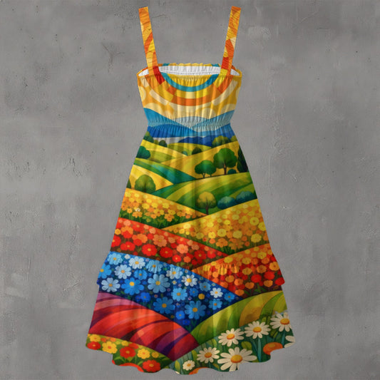 Sunny Flower Field Women's Ruffle Hem Dress | Artistic Countryside Landscape Print