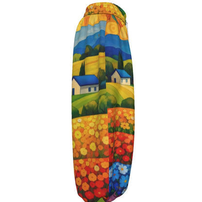 Flower Field Landscape Unisex Lantern Pants | Artistic Countryside Print