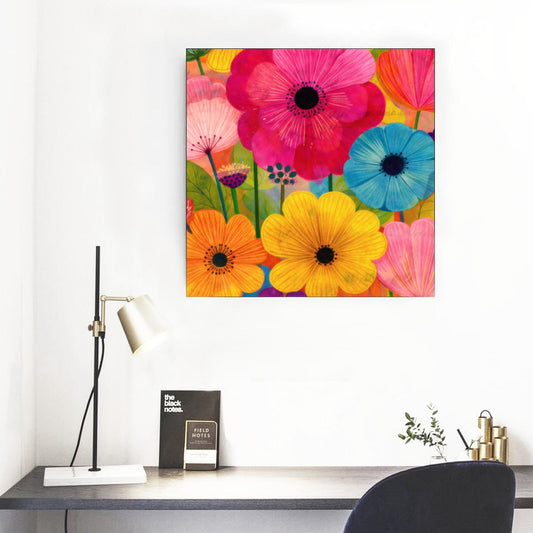 Vibrant Pop Art Floral Framed Square Canvas Mural | Oversized Wall Art