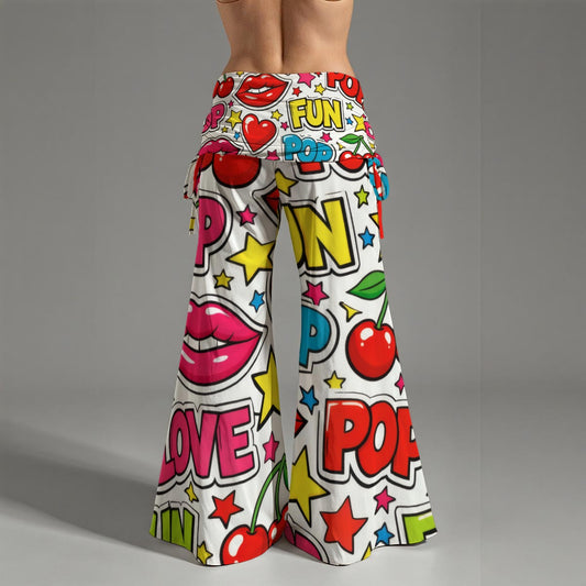Groovy 70s Hippie Pop Art Comic Wide Leg Pants All-Over Print Women's High Waist Wide Leg Pants