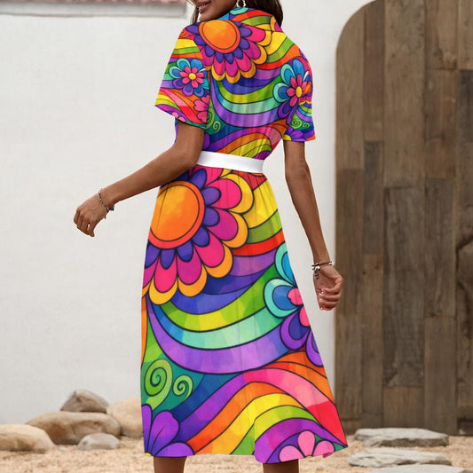 Rainbow Wave Flower Power Women's Shirt Dress with Waist Tie | 70s Psychedelic Groovy Print