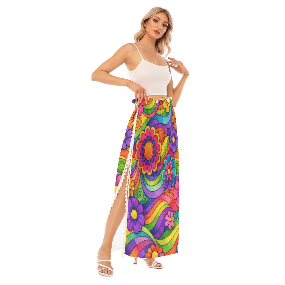 70s Rainbow Flower Power Women's Side Split Skirt | All-Over Print
