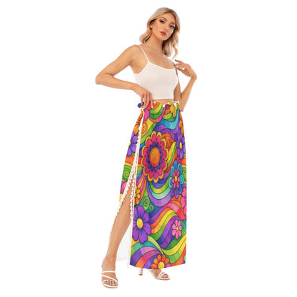 70s Rainbow Flower Power Women's Side Split Skirt | All-Over Print
