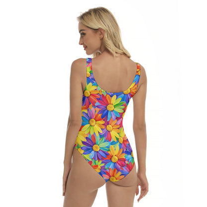 60s Rainbow Sunflower Women's One-Piece Swimsuit — Colorful Daisy Print
