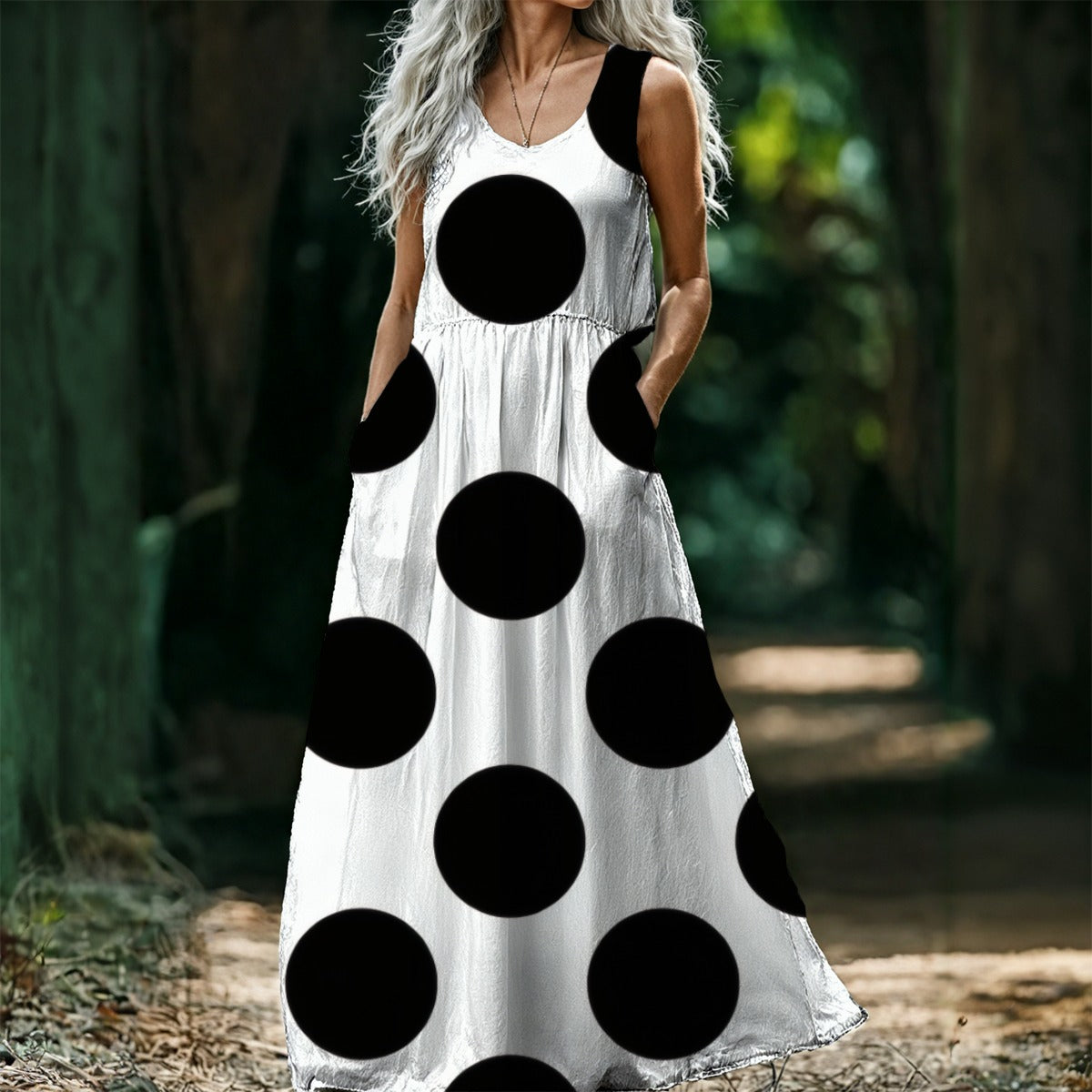 Black Polka Dot Maxi Dress — Oversized Dots White Sleeveless